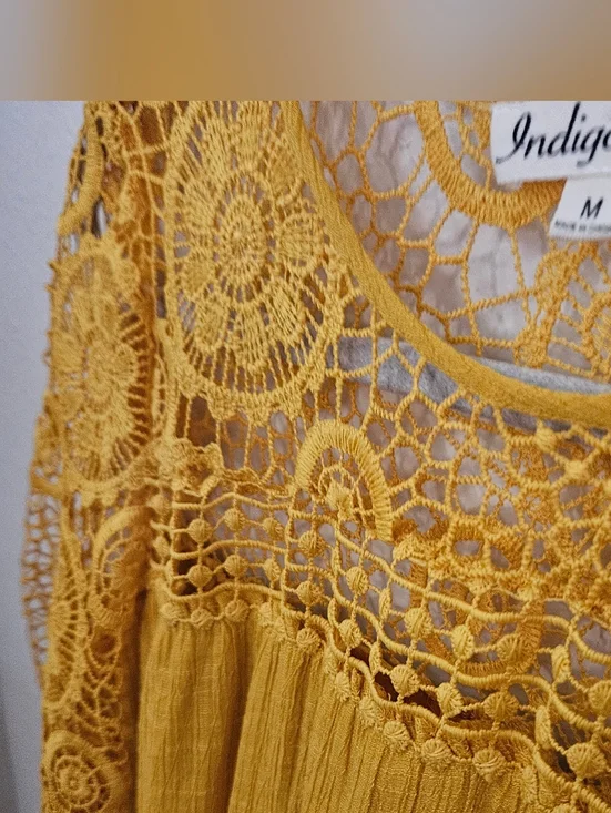 Indigo Rose Mustard Yellow Boho Crochet Lace Mini Dress | Bell Sleeve Bohemian M - Picture 4 of 10